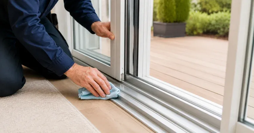 technician inspecting a sliding patio door track in Taylorwoods, Bolton
