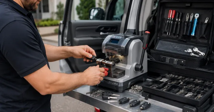 technician cutting a replacement car door lock key in Humber Grove, Bolton