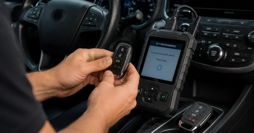 technician inspecting a worn car key before replacement in Queensgate, Bolton