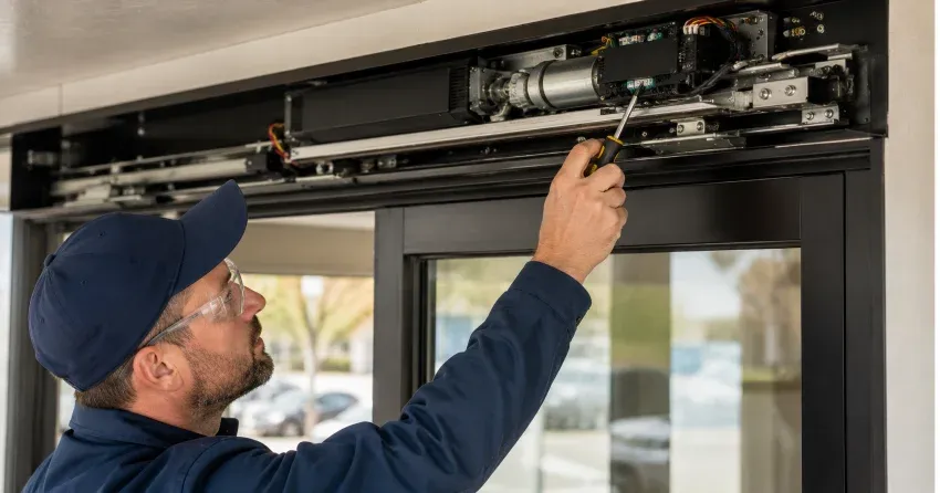 technician completing automatic door repair on residential property in Bolton