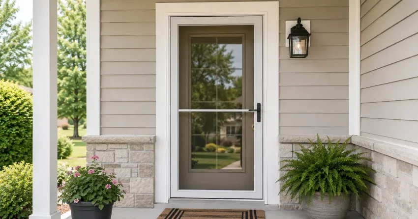 technician hanging storm door square and plumb in Bolton North, Bolton
