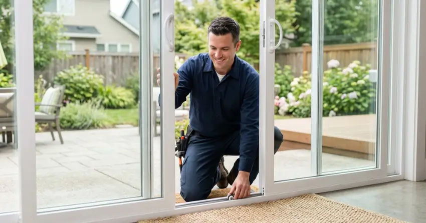 technician diagnosing a sticking patio door in Bolton East, Bolton