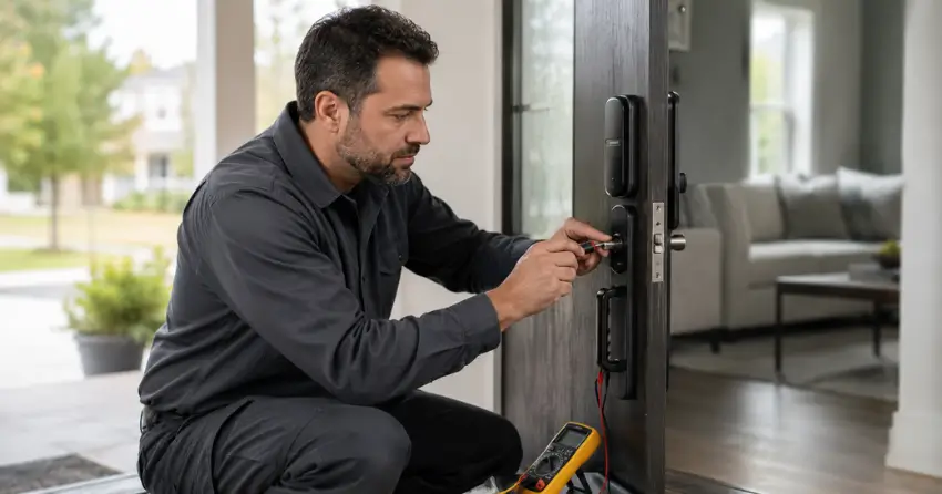 technician diagnosing automatic door lock mechanism on residential door in Bolton