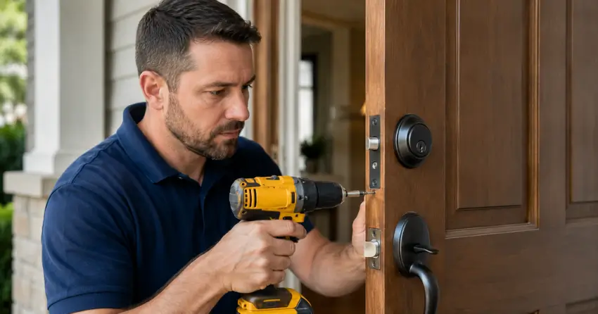 technician installing a new deadbolt during Change Door Lock Bolton service