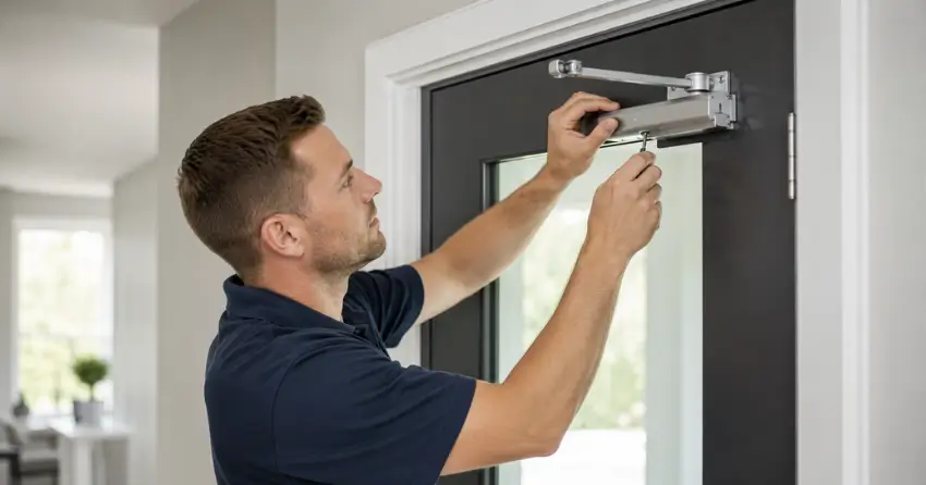 technician adjusting door closer hydraulic valve in Bolton home