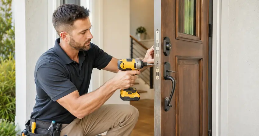 locksmith installing new deadbolt lock on front door in Bolton