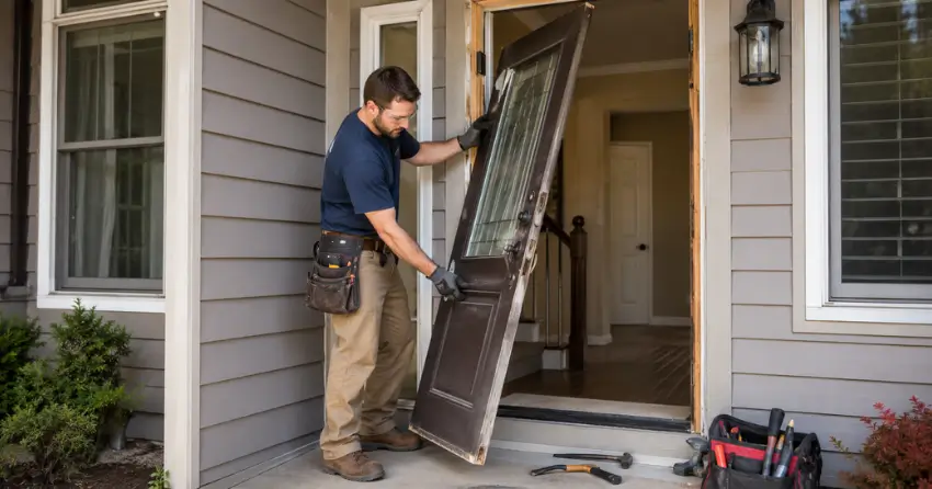 old exterior door being removed for replacement in Bolton West, Bolton