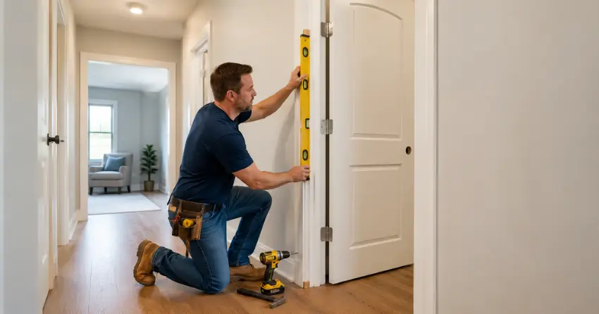 technician installing a pre-hung interior door in a home hallway Tormore, Bolton