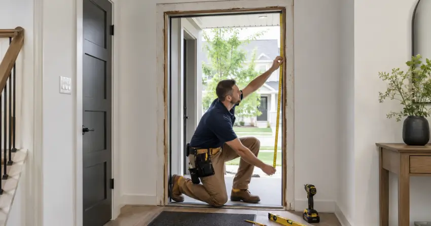 technician measuring a door frame before new door installation in Bolton