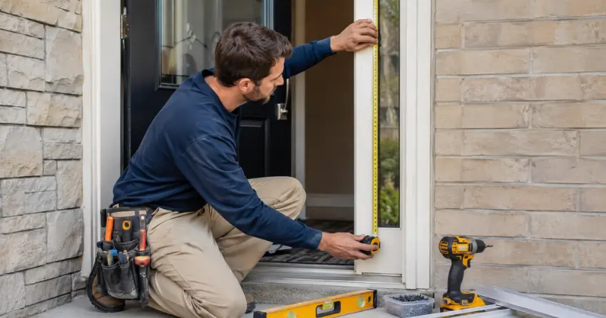 technician measuring door frame before storm door install in Bolton West, Bolton