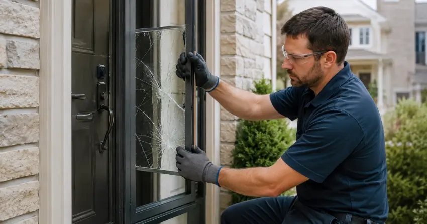 technician removing cracked storm door glass panel in Humber Grove, Bolton