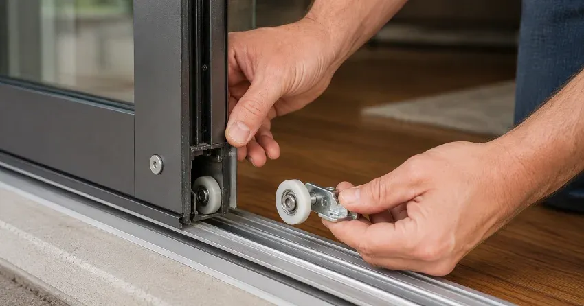 sliding door alignment Bolton technician adjusting roller track