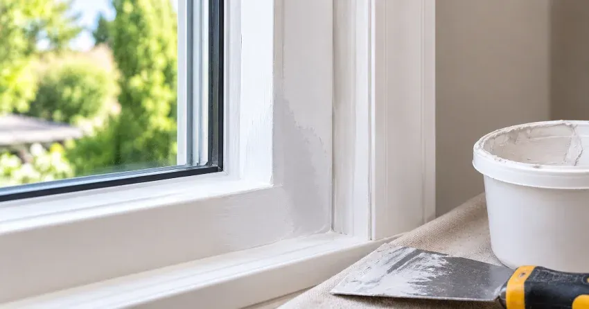 technician repairing rotted window frame corner in Bolton East, Bolton