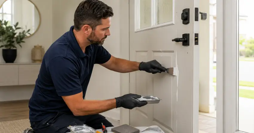 technician repairing fiberglass door surface crack in Bolton West, Bolton
