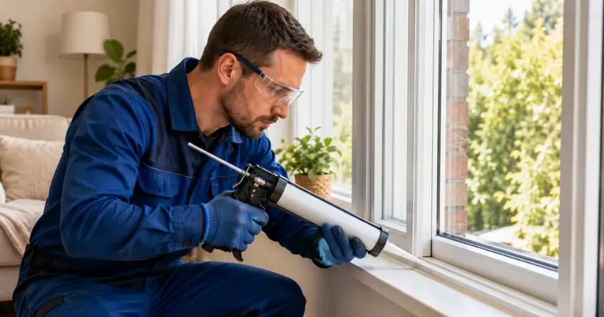 technician repairing window seal and frame in Bolton