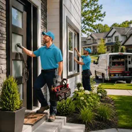 Technicians carrying out door, window and glazing work at properties across the coverage area