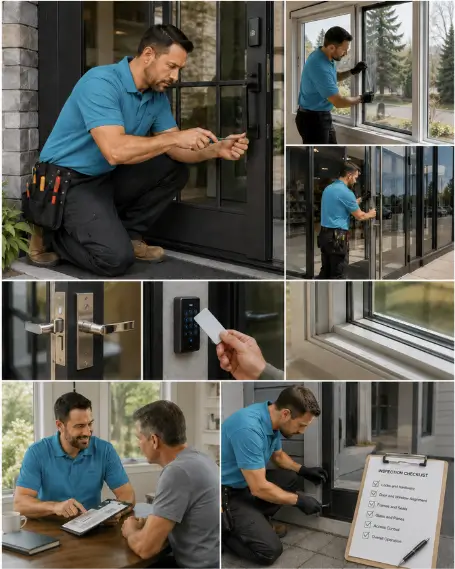 A technician measuring a door frame during an on-site assessment